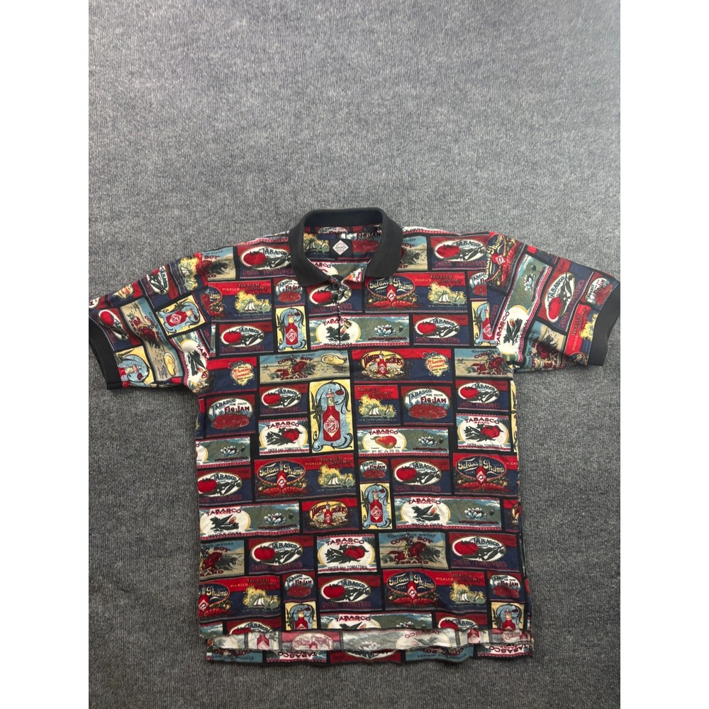 Tabasco Polo Shirt Mens Medium Multicolor All Over Print Vintage Label Cotton